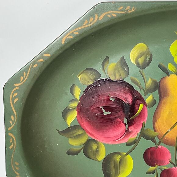 Vintage Nash Company Metal Tray Tole Painting Fruit Olive Green 14 Inch MCM - Picture 3 of 10